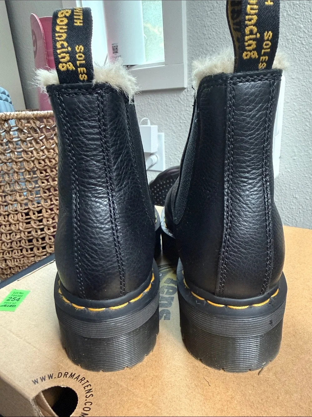 Dr. Martens Black Leather Platform Chelsea Boots with Yellow Stitching